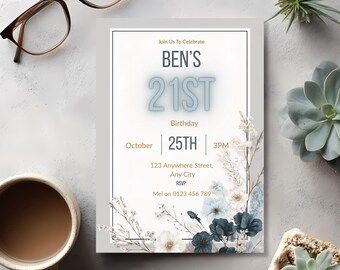 21st Birthday Invitation, Editable Canva Template, Classy Modern Birthday Invite, Minimal Milestone Party Invite