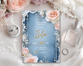 Editable Denim & Diamonds Bridal Shower Invitation Template, Romantic Dusty Blue Floral Canva Invite
