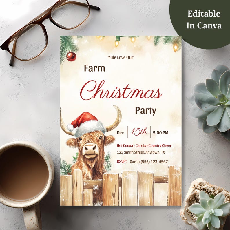 Farm Christmas party invitation with an Editable in Canva badge, showing the wording, date and RSVP details can be customized