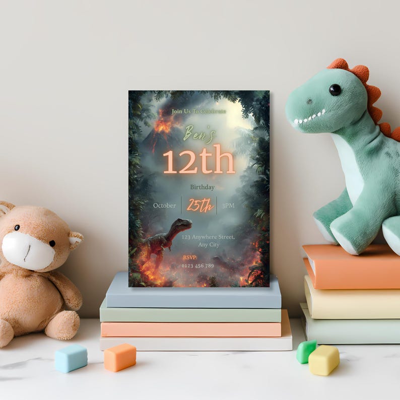 May include: A birthday invitation with a dinosaur theme. The invitation reads "Ben's 12th Birthday, October 25th, 3PM". A plush dinosaur and teddy bear are next to the invitation. Colorful blocks and books are also in the image.