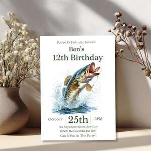 Fishing birthday invitation displayed against a vase of dried flowers for a rustic party invite mockup