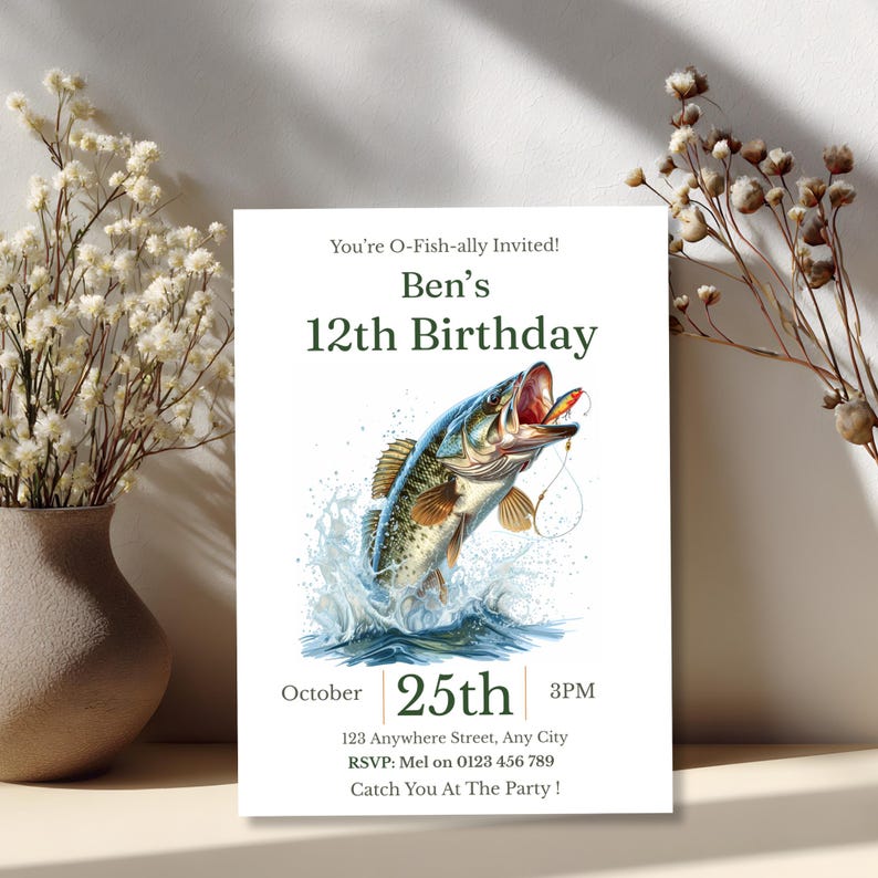 Fishing birthday invitation displayed against a vase of dried flowers for a rustic party invite mockup