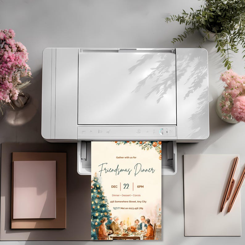Christmas dinner invitation printing at home on a desktop printer, printable 5x7 Christmas invite