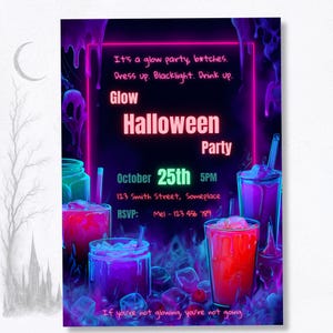 Halloween glow party invite printable Canva template gothic spooky background neon design