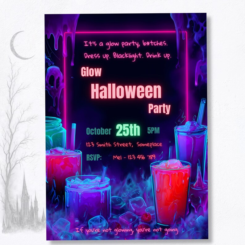 Halloween glow party invite printable Canva template gothic spooky background neon design