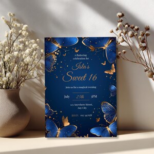 Personalizable Sweet 16 invitation template in royal blue and gold