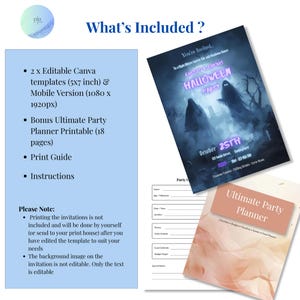 What's Included" infographic | What's included in Halloween party invite: 2 Canva templates, 18-page party planner printable, print guide, instructions