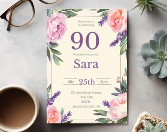 Elegant 90th Birthday Invitation • Watercolor Floral Garden Party Invite • Editable Canva Template for Women