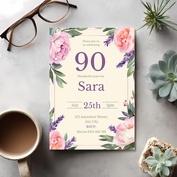 Watercolor Garden Party 90th Birthday Invitation