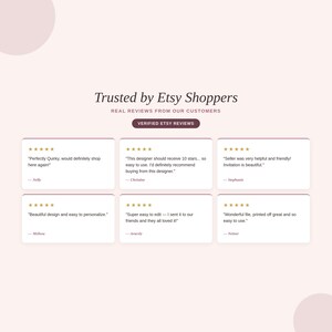 Verified five-star Etsy reviews praising this Christmas tea party invitation's design and easy Canva editing