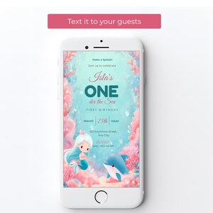 Oneder the Sea birthday evite on a smartphone, a 1080x1920 mobile version of the mermaid first birthday invitation ready to text to guests.