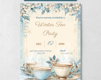 Invitación para fiesta de té, plantilla para fiesta de té de invierno, invitación editable en Canva, elegante diseño de copo de nieve, descarga instantánea, imprimible.