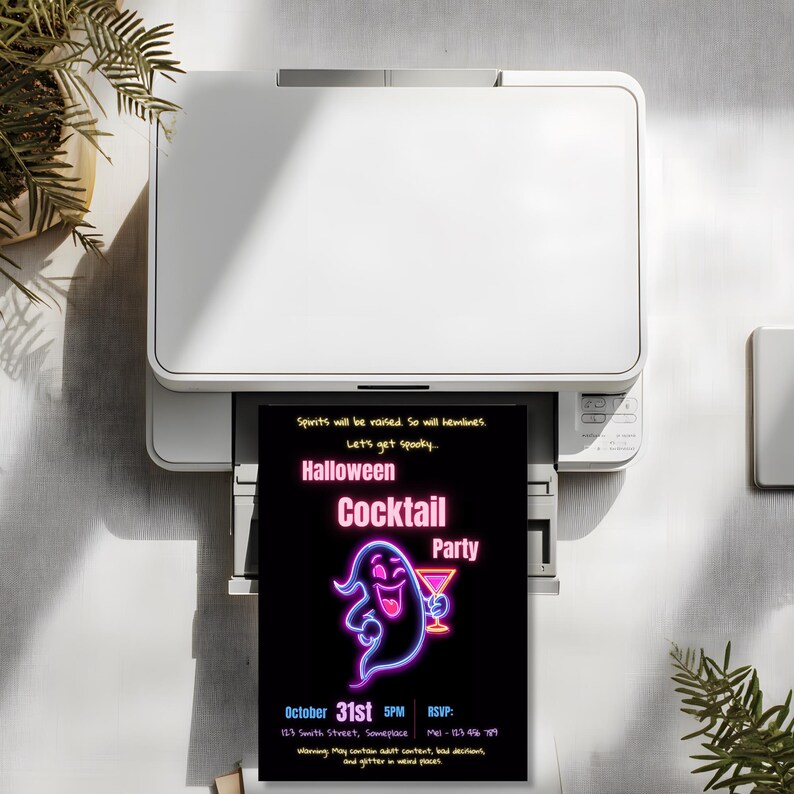 Print at home Halloween cocktail party invitation 5x7 neon ghost printable Canva template print shop ready instant download