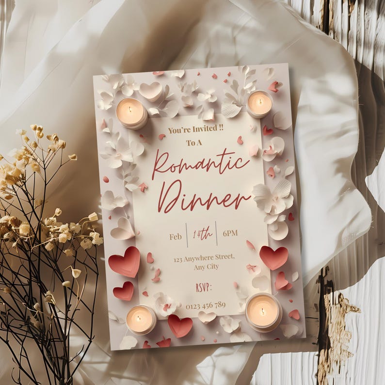 May include: A romantic dinner invitation with a light background, adorned with paper hearts, flowers, and four lit candles. The invitation text reads "You're Invited!! To A Romantic Dinner" with date, time, address, and RSVP information.