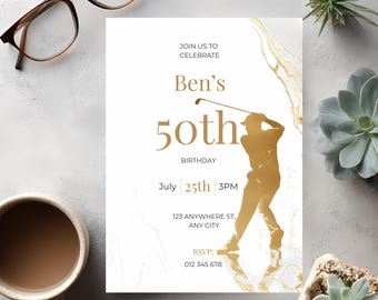 Elegant Birthday Invitation Edit in Canva, Minimalist Mens Golf Invitation, Luxury White & Gold Printable Party Template