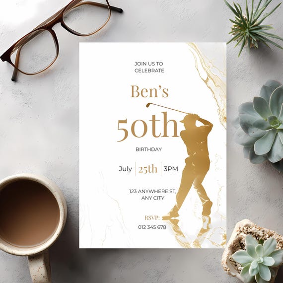 White & Gold Golf Birthday Invitation