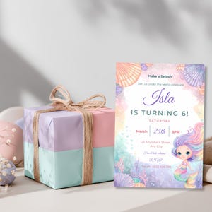 Girl's mermaid birthday party invitation next to a pastel pink, lilac and mint gift box, with rainbow mermaid and seashell artwork.