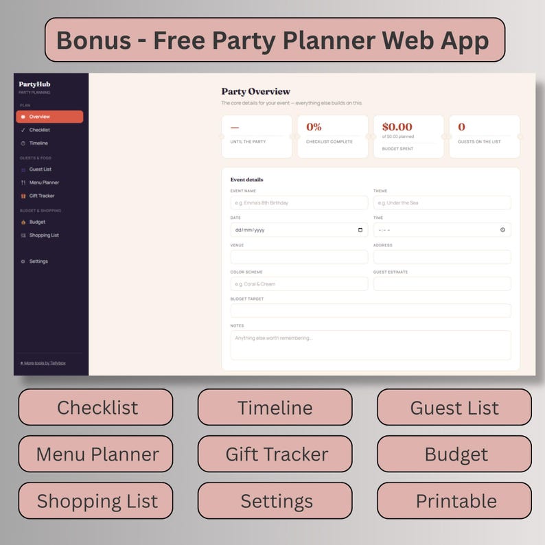 Bonus free digital party planner web app included with editable birthday invitation template, dashboard with checklist, budget, and guest list tools