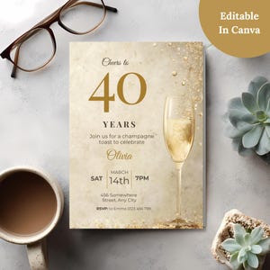 Editable Canva champagne birthday invitation on a gray desk with glasses, coffee and succulents, gold Cheers to 40 Years design