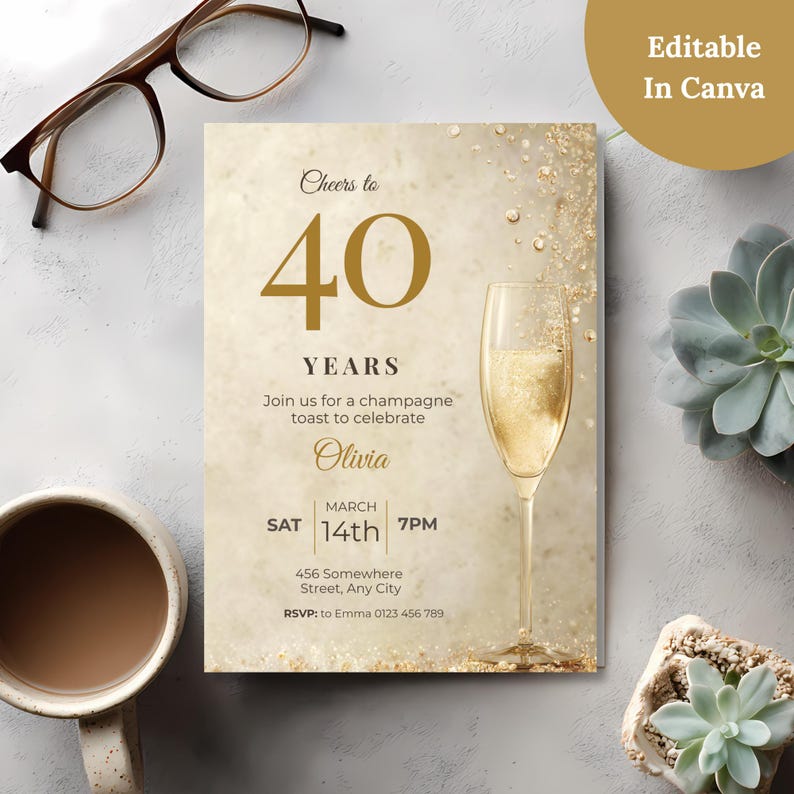 Editable Canva champagne birthday invitation on a gray desk with glasses, coffee and succulents, gold Cheers to 40 Years design
