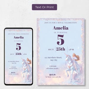 Princess and unicorn birthday invitation shown as a mobile phone evite and a printable 5x7 card side by side, text or print
