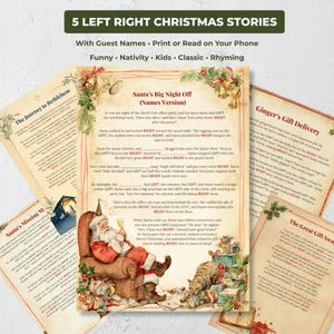 Kerstspel 'Links en Rechts' met namen, 5 grappige verhalen over de kerst, voor kinderen en volwassenen, bewerkbaar en printbaar op Canva, cadeautjes uitwisselen, prijs doorgeven spel.