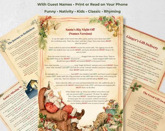 Juego de Navidad de izquierda a derecha con nombres, 5 historias divertidas, Natividad, cuentos para niños y adultos, imprimible editable en Canva, juego de intercambio de regalos y pasar el premio