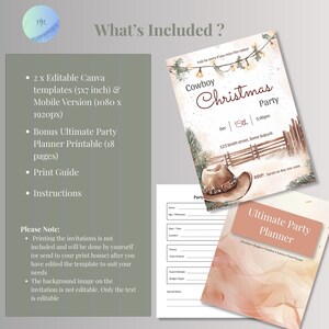Infographic listing what's included with the cowboy Christmas invitation: two editable Canva templates in 5x7 inch and mobile 1080x1920 pixel sizes, plus a bonus 18-page ultimate party planner printable