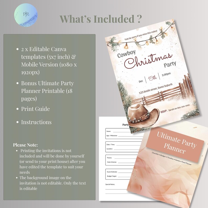 Infographic listing what's included with the cowboy Christmas invitation: two editable Canva templates in 5x7 inch and mobile 1080x1920 pixel sizes, plus a bonus 18-page ultimate party planner printable