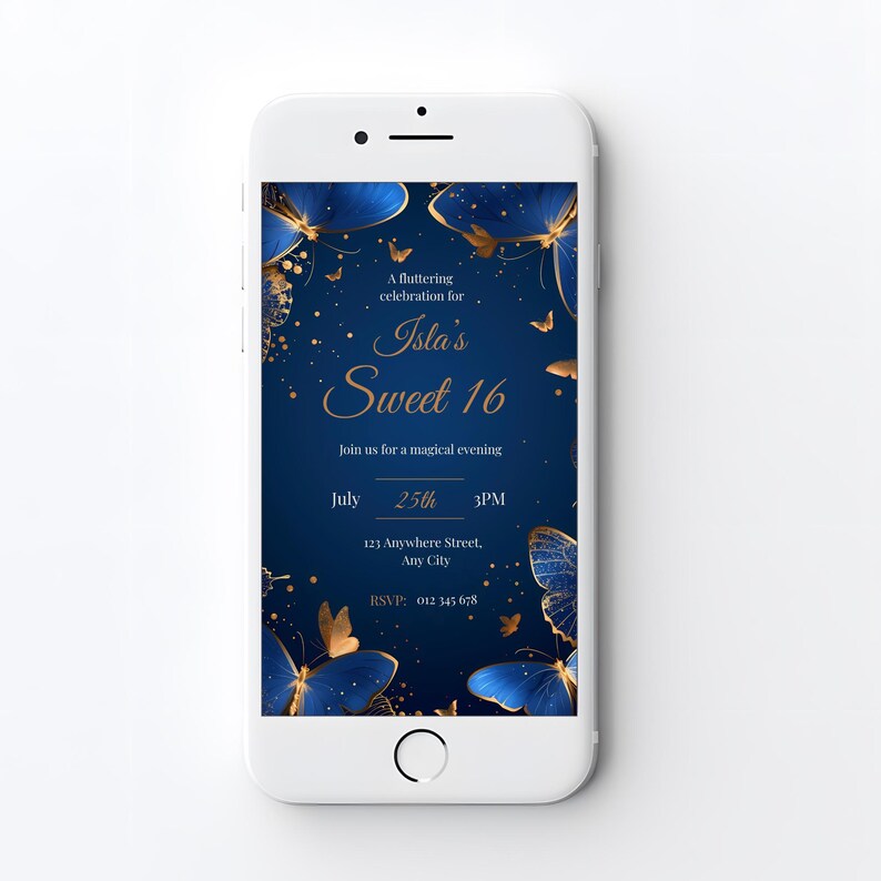 Smartphone showing elegant royal blue butterfly Sweet 16 invitation on screen