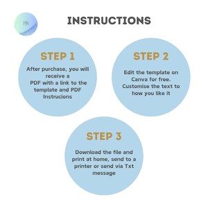 Puede incluir: Gr&aacute;fico de instrucciones con tres pasos. Paso 1: Despu&eacute;s de la compra, recibir&aacute; un PDF con un enlace a la plantilla e instrucciones en PDF. Paso 2: Edite la plantilla en Canva de forma gratuita. Personalice el texto. Paso 3: Descargue e imprima en casa.