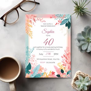 Editable spring floral birthday invitation template with soft pastel flowers, clean layout and large blank center for custom text