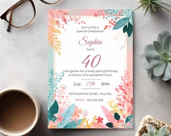 Spring Birthday Party Invites for Mom, Editable Canva Invitation Template, Pastel Floral Birthday Invite, Garden Party Printable