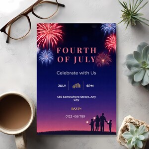 Elegant Independence Day party invitation featuring soft glowing fireworks, patriotic colors, and editable event details template