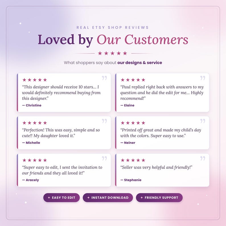 Real Etsy shop reviews from customers praising easy editing, instant download and friendly support, five-star ratings
