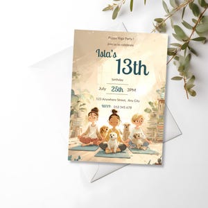 uppy yoga birthday invite template featuring kids meditating with puppies, Canva editable party invitation