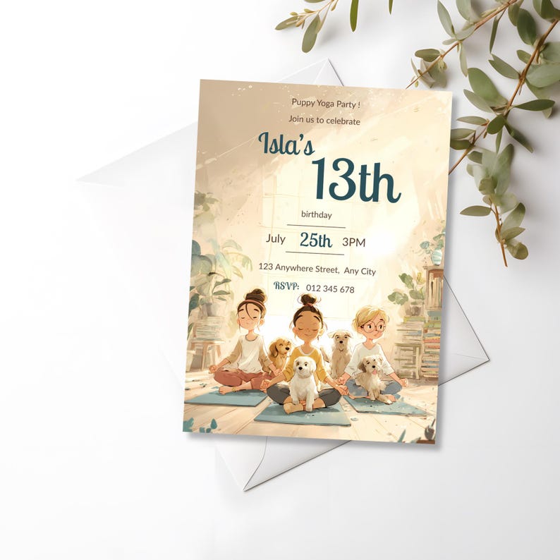 uppy yoga birthday invite template featuring kids meditating with puppies, Canva editable party invitation