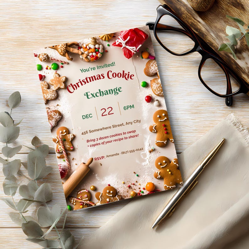 Printed Christmas cookie exchange invitation on a whitewashed wood table with glasses, a pen and eucalyptus, with “bring 3 dozen cookies to swap” rules