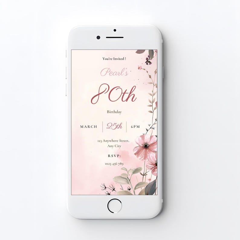 Mobile version of 80th birthday invitation template displayed on phone screen, 1080x1920px digital invite for texting or sharing