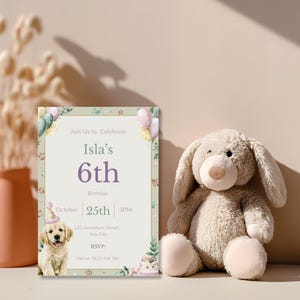 Puppy birthday invitation propped beside a plush bunny toy, sage green watercolor dog party invite