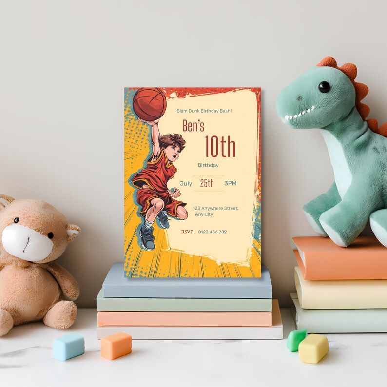 Customizable Canva invitation mockup, clear text area for personalized party details, fun basketball theme.