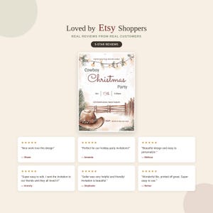 Graphic showing five-star customer reviews praising the cowboy Christmas invitation template's design and ease of editing