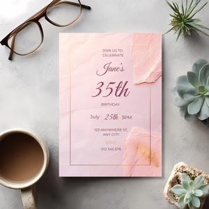 Soft minimalist pink birthday invitation with gold/bronze accents, editable in Canva.