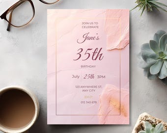 Soft Minimalist Elegant Pink Birthday Invitation for 35th birthday, Editable Canva Thank You Card, Modern Chic Printable Party Invite