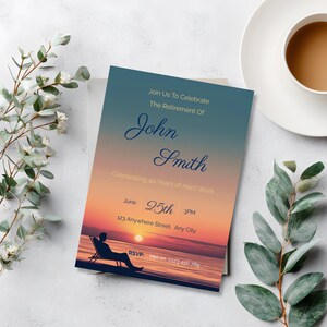 Printable retirement party invitation for him styled on a table with eucalyptus leaves and a cup of tea, beach sunset silhouette design, editable Canva template for mens retirement