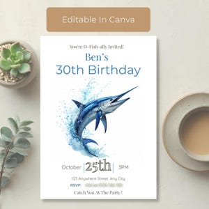 Fishing birthday invitation for men with blue marlin, ocean themed 30th birthday invite, editable Canva template