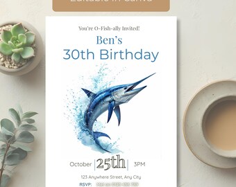 Fishing Birthday Invitation for Men, 30th 40th 50th Birthday Invite, Fishing Party Invite, Ocean Birthday Invitation, Editable Template