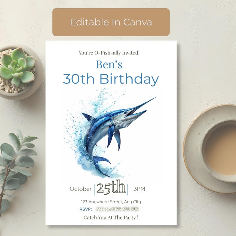 Fishing birthday invitation for men with blue marlin, ocean themed 30th birthday invite, editable Canva template