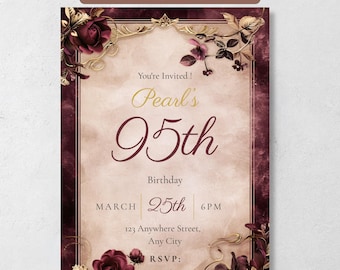 95th Birthday Invitation Template, Burgundy Gold Floral Invite, Elegant Vintage Rose, Editable Canva, Printable, For Her, Instant Download