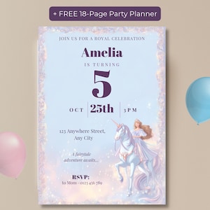 Editable princess birthday invitation with a princess riding a white unicorn, periwinkle sky and iridescent frame, reading Amelia is turning 5, with a free 18-page party planner banner